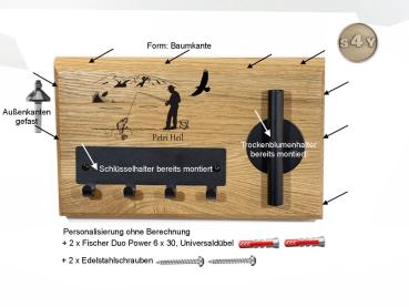 Schlüsselbrett Angler Eiche Rustikal schwarze Haken Baumkante