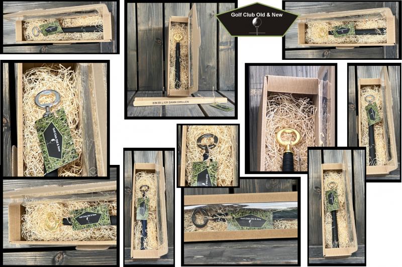 FLASCHENÖFFNER, KAPSELHEBER; VINTAGE, MIT GOLFGRIFF, GESCHENKEBOX