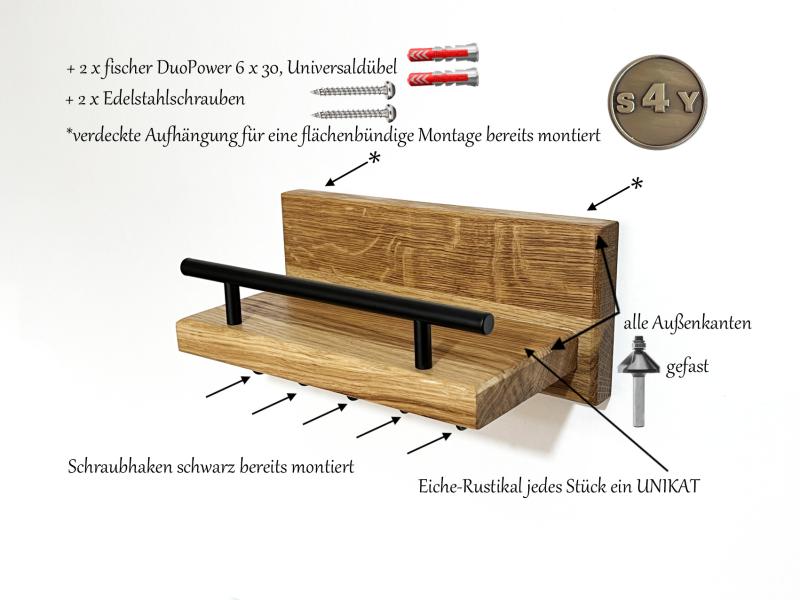 Schlüsselbrett Ablage Eiche Rustikal schwarze Schraubhaken