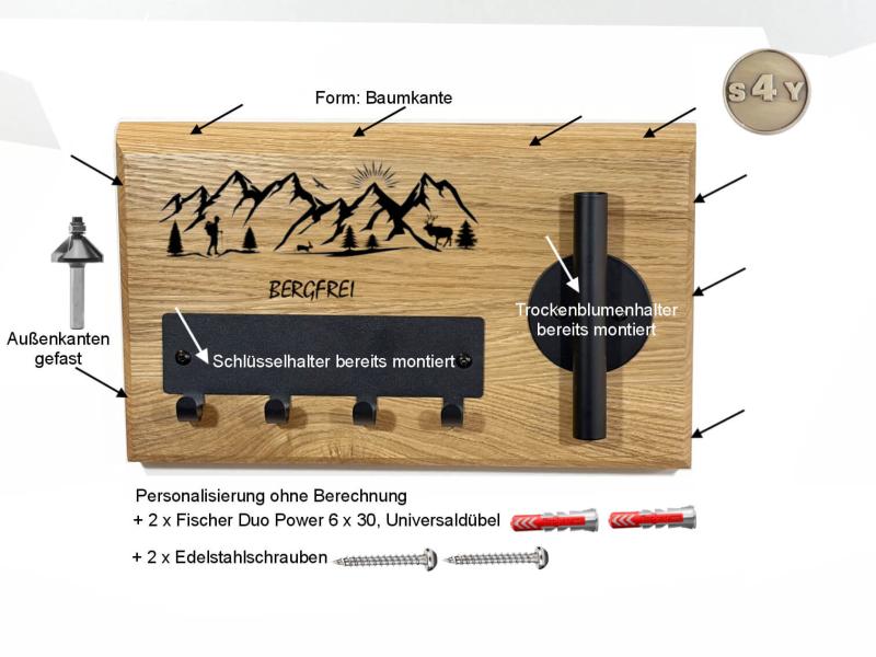 Schlüsselbrett Wandern Eiche Rustikal schwarze Haken Baumkante